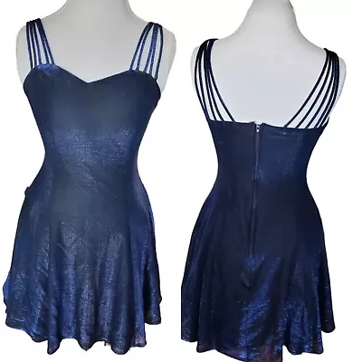 Vintage 90s Metallic Blue Strappy Mini Dress Formal 8 Hoco Prom Formal Party • $59.99