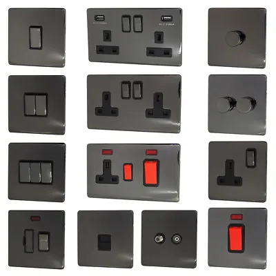 £7.45 • Buy Black Nickel Screwless Light Switch, USB Plug Sockets, Dimmer & Cooker Switches