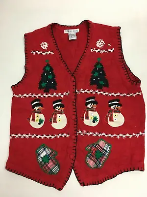 Women's Victoria Jones Holiday Red Vest W/Snowmen Trees Mittens Size XL • $7.64