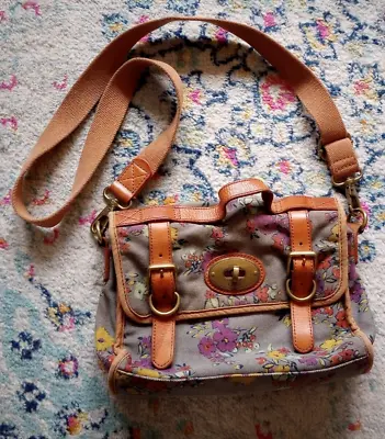 Fossil Floral Canvas Leather Trim Messenger Crossbody Bag Satchel Distressed • $19.95