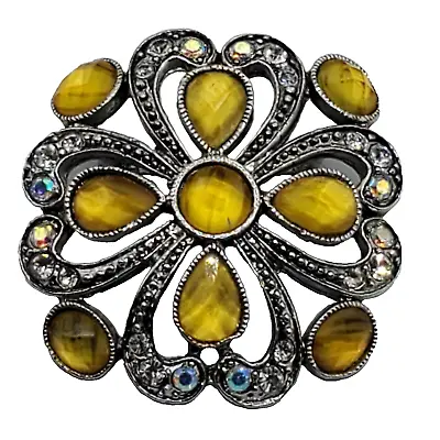 Vintage Lemon Drop Yellow Cut Glass & AB Crystal Rhinestone Maltese Cross Brooch • $7.27