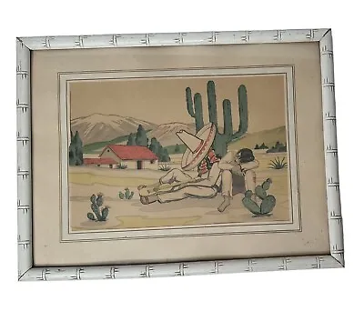 Vintage 1940s Art Print Old Mexico Landscape Cactus Sombrero Siesta  13  X 17  • $99.99