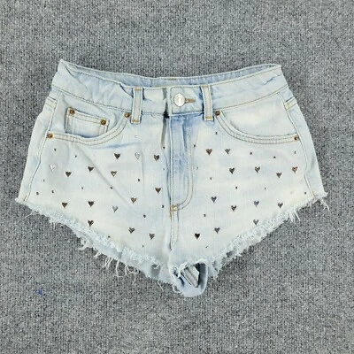£5.42 • Buy Topshop Moto Jean Shorts Women's 2 Blue Cut-Off Denim High Rise Embellished Fray