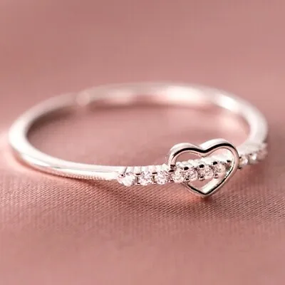 Women Girls 925 Sterling Silver Crystal Heart Adjustable Ring Jewellery Gift UK • £2.99