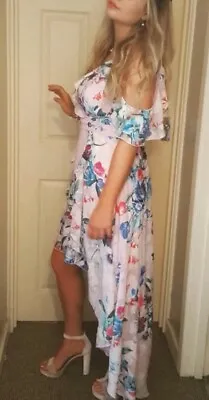 Lipsy Floral Dress 10 Cold Shoulder Pink Blue Hi Low Party Occasion Wedding Prom • £30.99