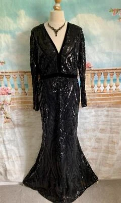 £85 • Buy Evening Dress 24 Black Sequin Goddiva Ballgown Prom Deco 1920's Fishtail