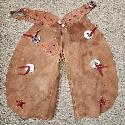 Vintage 1950s Boys Brown Suede Leather Cowboy Chaps Conchos & Rhinestones • $31.45