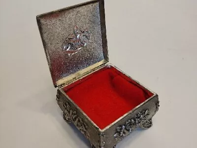 VNTG Footed Metal Jewelry Trinket Box Silver Tone Red Velvet Lined Rose Japan • $12