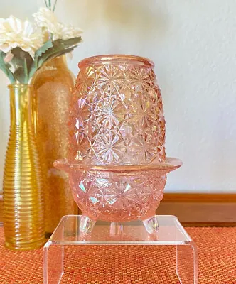 Vintage L.E. Smith Iridescent Pink Glass Daisy And Button 3 Toe Fairy Lamp HTF • $150