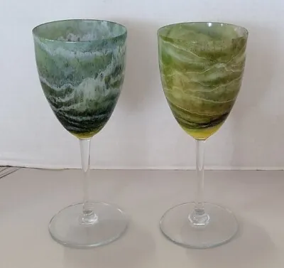Rare 1976 Set Of 2 Steve Maslach Studio Art Glass Crystal Wine Goblets Signed • $225