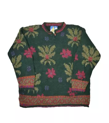 Newari Sweater Mens L Wool Handcrafted In Nepal Floral Chunky Knit Vintage • $64.94
