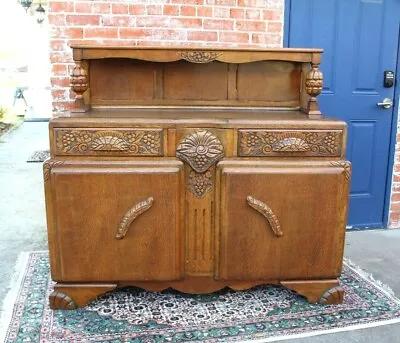 English Antique Tiger Oak Art Deco Sideboard / Small Buffet / Bar Cabinet • $1500