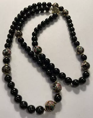 Vintage Polished Black Stone Cloisonne 28” Beaded Necklace Sterling Clasp • $0.99