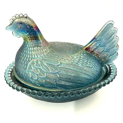 Vintage Carnival Glass Blue Green Iridescent Nesting Hen Covered Candy Dish • $34.99
