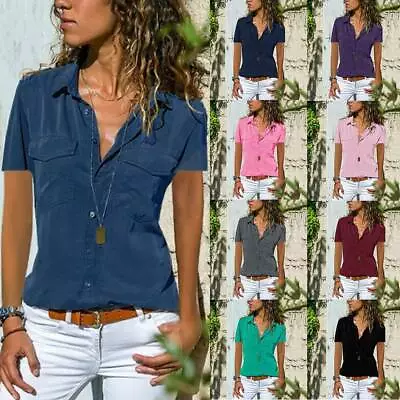 £8.39 • Buy Womens Short Sleeve Casual T Shirt Tops Ladies Work OL Button Blouse Tee Size UK