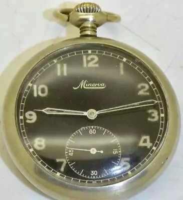 Antique Pocket Watch Minerva WWII Era Bulgarian Kingdom Pilot's Black Dial 1940 • $1356.59