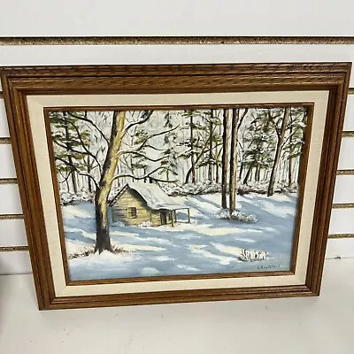 VTG Signed Painting Landscape Winter Snow Cabin Home Mountain Woods Forest -LN • $45