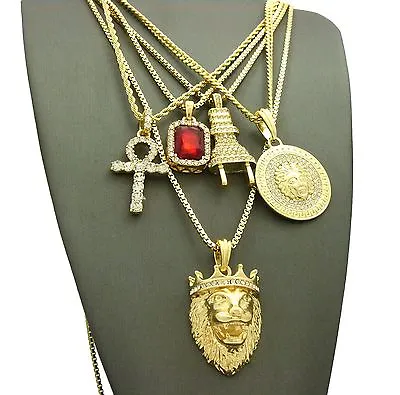 Red Ruby Lion Crown Ankh Medusa Plug Pendant Charm W/ Chains 5 Necklace Set • $78.99