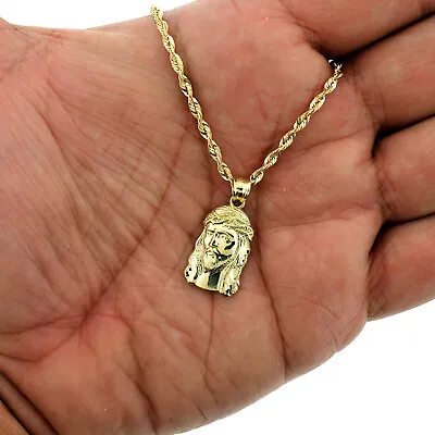 Mens Real 10K Yellow Gold Jesus Head Face Charm Pendant & 2.5mm Rope Chain • $199.99