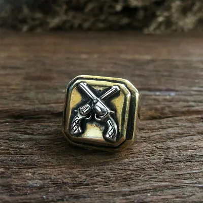 Cross Guns Mexican Biker Ring Skull Silver Vintage Brass World War Cowboy West • $68