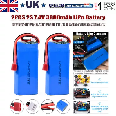 2x 7.4V 3800mAh RC 2S LiPo Battery T Plug For Wltoys 144001 144010 124017 124016 • £18.99