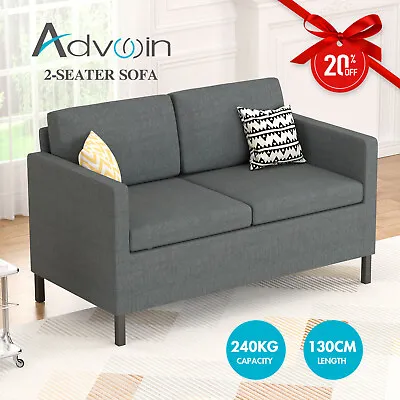 Advwin 2 Seater Sofa Lounge Linen Couch Armchair Compact Small Space Dark Grey • $289.90