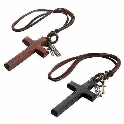 Men Women Vintage Wooden Cross Pendant Leather Rope Necklace Adjustable Fashion • $9.99