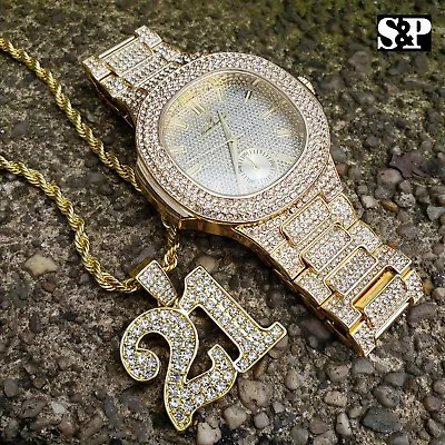 Men's Hip Hop Iced Bling Lab Diamond Bust Down Watch & Savage 21 Necklace Set • $12.99