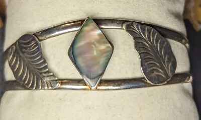 Vintage Sterling Silver & Abalone Shell Leaves Cuff Bracelet • $9.99