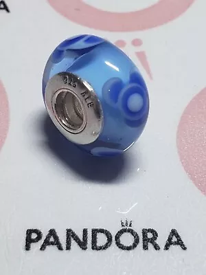 Genuine Pandora Silver Blue With Flowers Murano Glass Bead Charm 925 ALE • £17