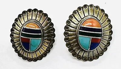 Sterling Silver Earrings Inlaid Stones Turquoise Coral Onyx Pierced Vintage • $19.99