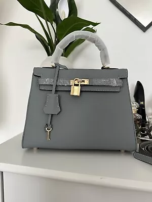 Linen Grey Blue Kelly Bag Gold Key Lock Hardware Hand Held  Strap Faux Leather • £45