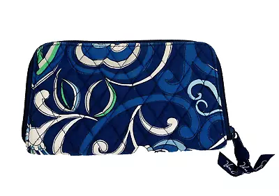 Vera Bradley Wallet Blue Floral Zip Around Change Pocket Logo Ribbons • $12.99