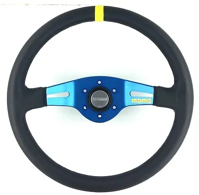 Genuine Momo Model Mod.03 Black Leather Two Blue Spokes 350mm Steering Wheel • $208.38