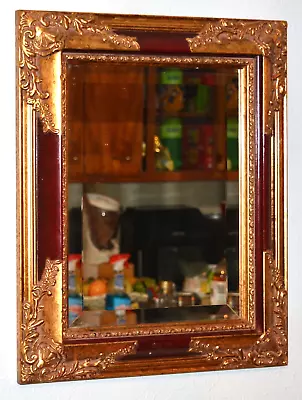 Vintage Ornate Wooden Red & Gold Frame With 12  X 16  Beveled Mirror • $115