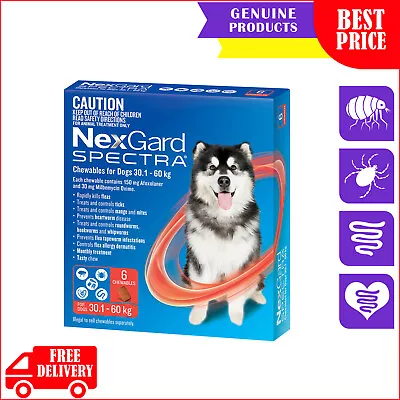 NEXGARD SPECTRA 6 Chews For 30.1 To 60 Kg Dogs RED Pack Heartworm Flea Treatment • $119.46