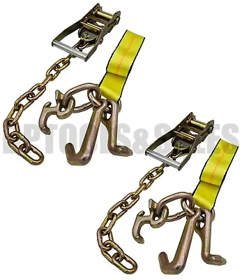 (2 Pack) 2  CHAIN RATCHET STRAPS W RTJ TIE DOWN ROLL BACK TOW TRUCK CAR HAULER • $57.99