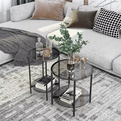 Round Tempered Glass Coffee Table W/ Storage Shelf Modern Circle Side Table Grey • $87.95