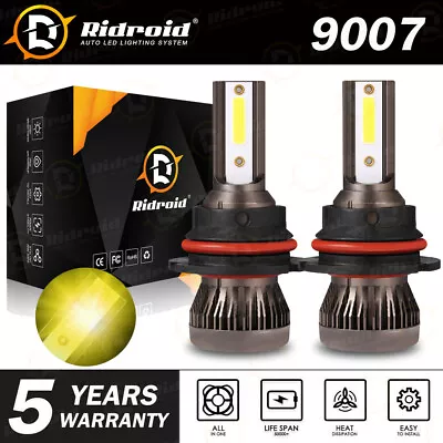 Pair 9007 HB5  LED Headlight Bulb Conversion Kit High Low Beam 3000K Yellow • $12.98