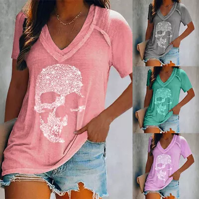 £4.09 • Buy Women Skull Print T-Shirt Tops Gothic Punk Sequin Short Sleeve Party Blouse Tee