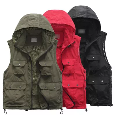 New Summer Men's Fishing Photography Vest Pocket Tops Sleeveness Hooded Coats • $27.36