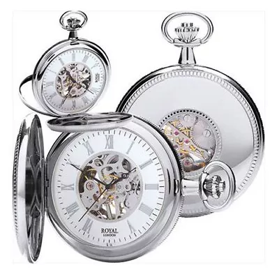 MENS SILVER MECHANICAL SKELETON POCKET WATCH  Full Hunter Royal London ENGRAVED • £198.35