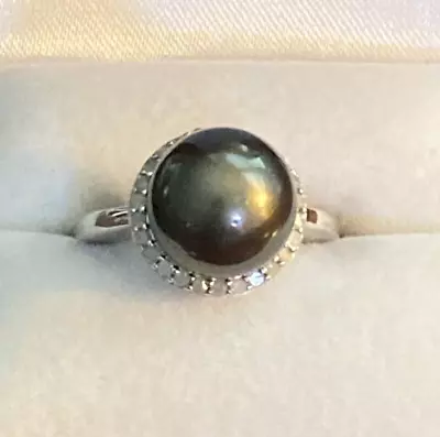 .925 Sterling Silver 11 Mm Black Pearl  With 1 Mm Diamond Surround Ring Sz 8 • $299.99