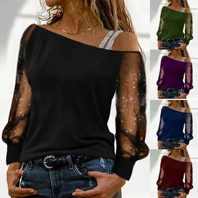 Womens Sequin Tunic Tops One Shoulder Long Sleeve Casual Loose T-Shirt Blouse US • $16.49