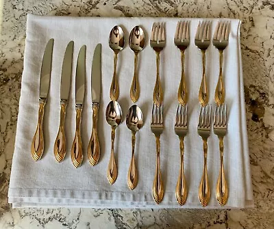 Oneida Community GOLDEN HEIRESS Stainless Gold Accent Flatware 4 Place Settings • $39.95