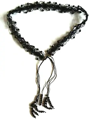 Macrame Tie Belt Black Plastic Beads 32” W/fringe Boho EUC • $15.95