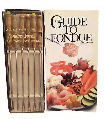 Fondue Fork Set & Recipe Book 6 Pc Stainless Steel Color Code Dot Handle MCM VTG • $20.99