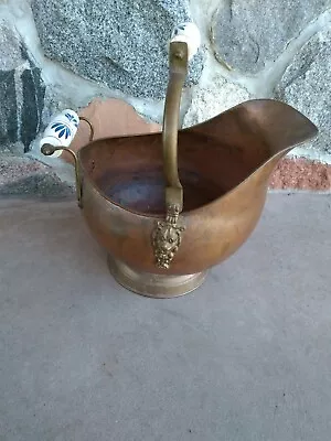 Vintage Copper Water Bucket With Ceramic Blue Handle Holland Nice Shape • $29
