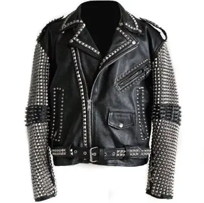 Men Studded Leather Biker Motorcycle Steam Punk Rocker Jacket Rock Punk Men • $230