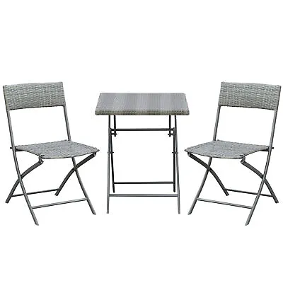 Outsunny 3PC Bistro Set Rattan Furniture Garden Folding Chair Table Grey • £72.99